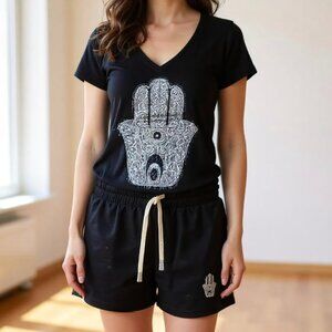 Women's Two Piece,Set Women's Rhinestone Hamsa Graphic Shirt V- Collar